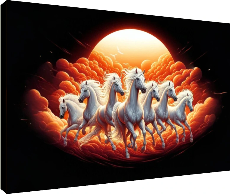 Seven majestic white horses galloping forward against a massive glowing orange sunrise and fiery red clouds. | PrintPosters.in